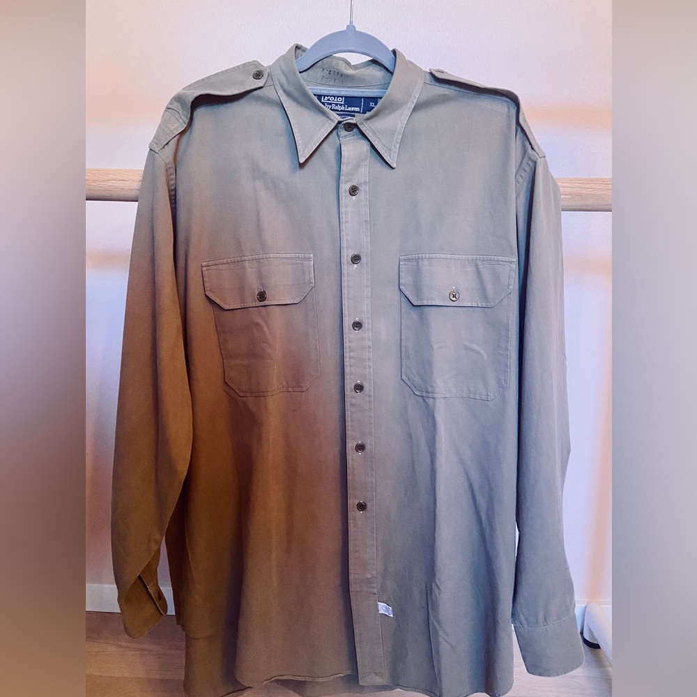 Men’s 90s/Y2K Vintage Polo by Ralph Lauren Khaki Cotton Button Down Shirt XL